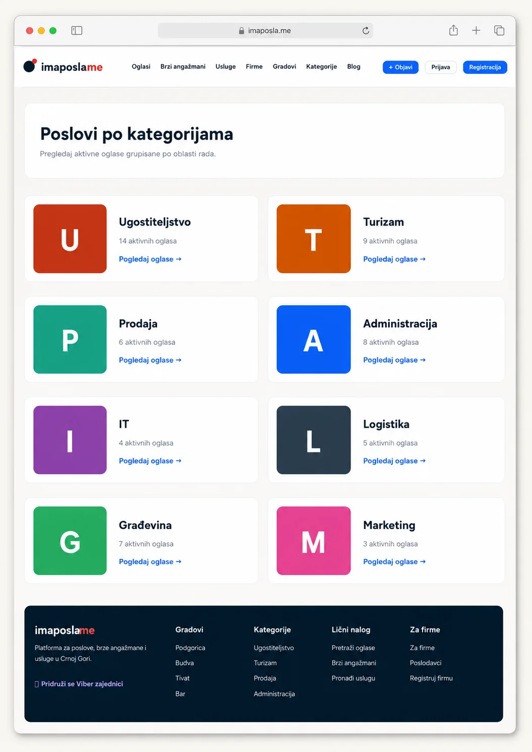 ImaPosla.me mobilni prikaz kategorija i pretrage poslova