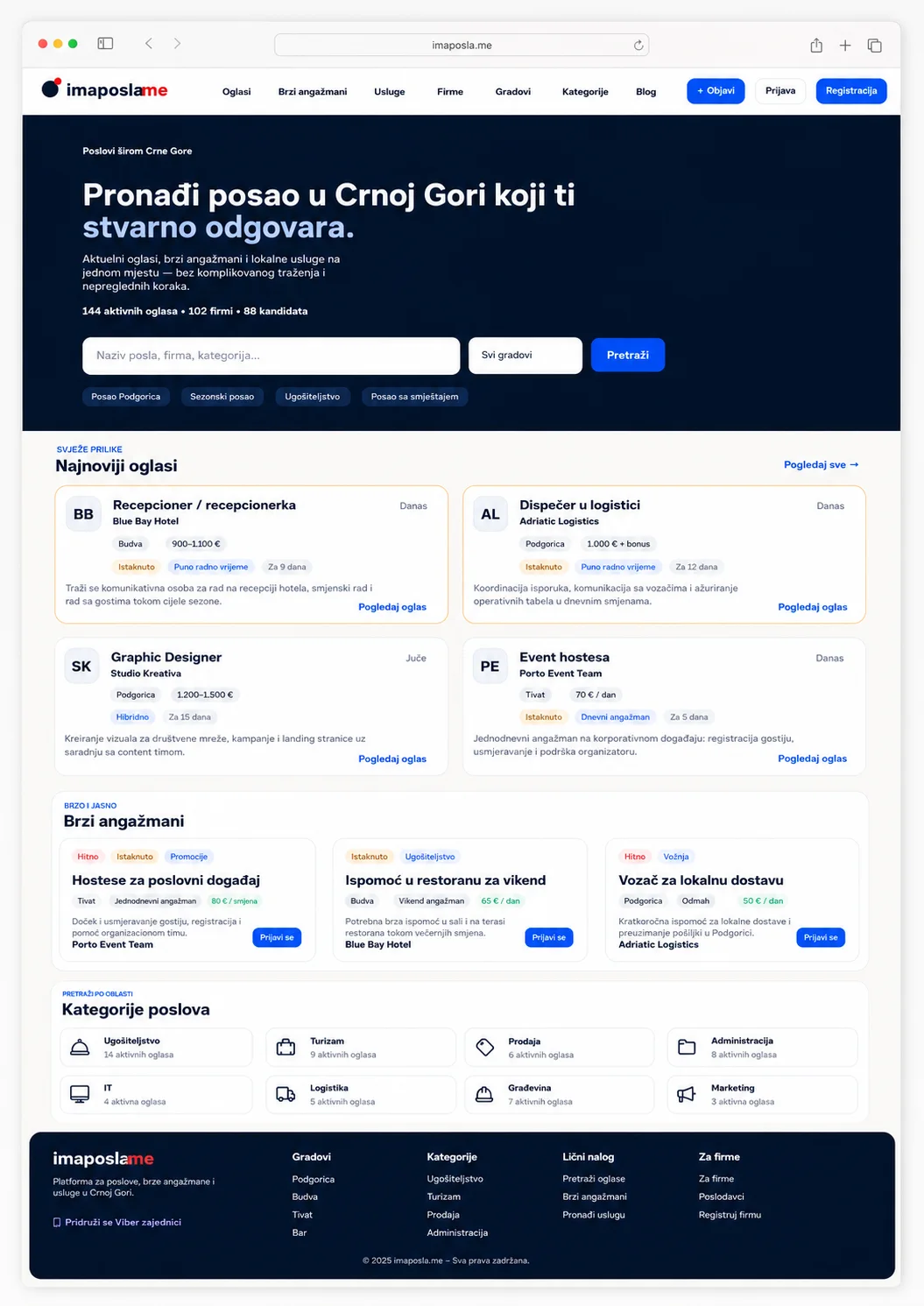 ImaPosla.me prikaz platforme za poslove, angažmane, firme i usluge u Crnoj Gori