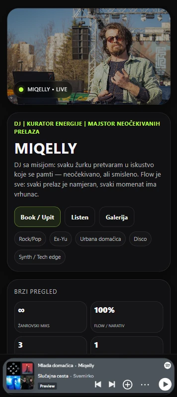 Mobilna naslovna stranica DJ Miqelly portfolija sa ponudom i muzičkim stilovima