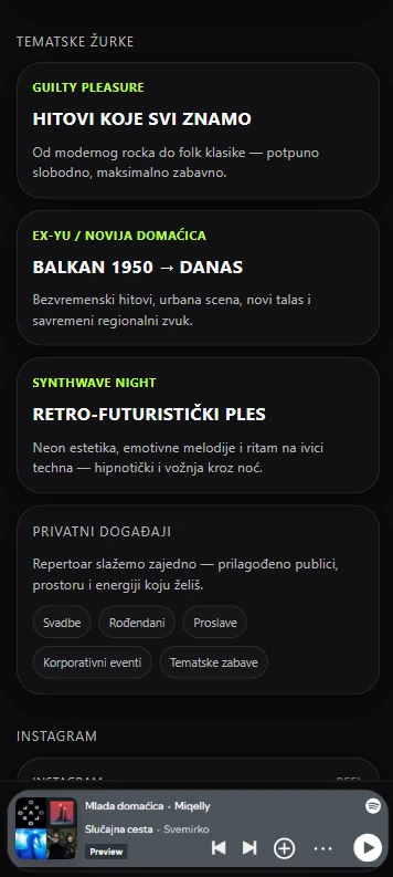 Mobilni prikaz DJ Miqelly mini-sajta sa vrstama događaja i Instagram sadržajem