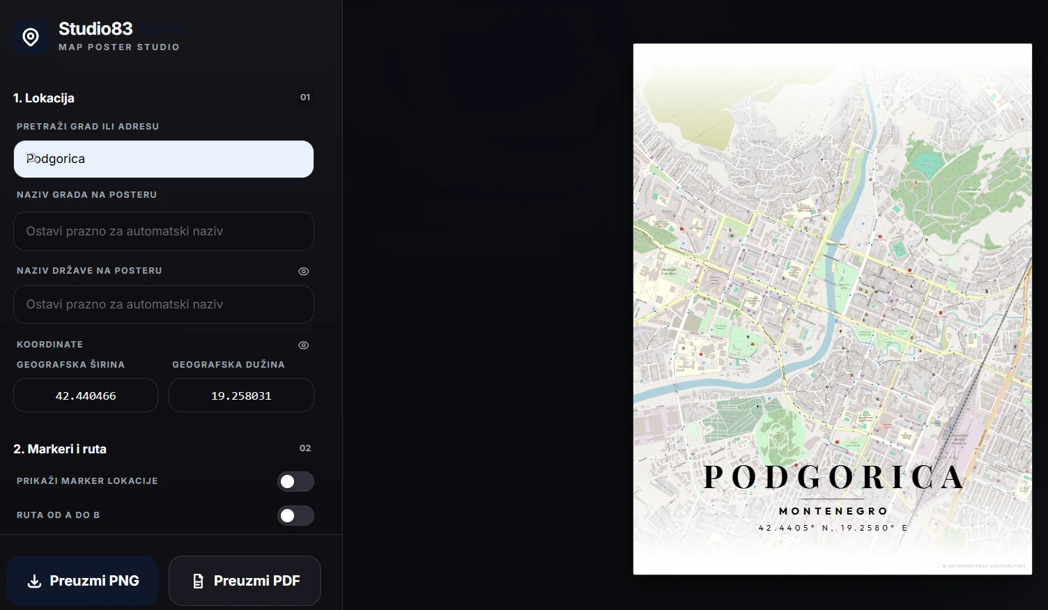 Desktop alat za izradu grafičke mape Podgorice i izvoz postera