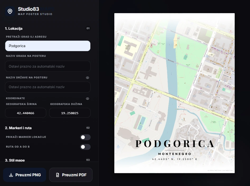 Grafička mapa Podgorice sa označenom lokacijom i podešavanjima izvoza