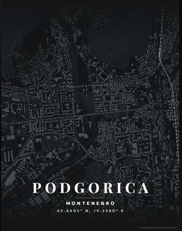 Tamni grafički poster mape Podgorice