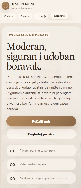 Mobilna naslovna stranica smještaja Maison No 23 sa dugmetom za direktan upit